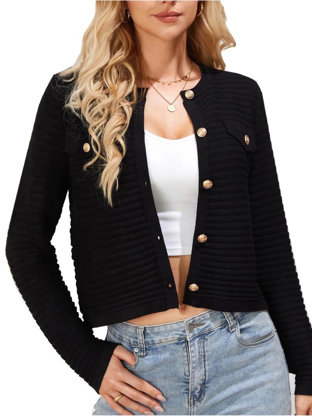 Amazon Black Ribbed Cardigan with Gold Buttons